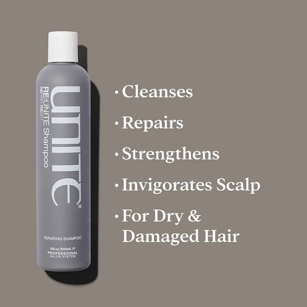 Unite Hair Re Unite Repairing Shampoo bottle with white label and blue cap on a white background.