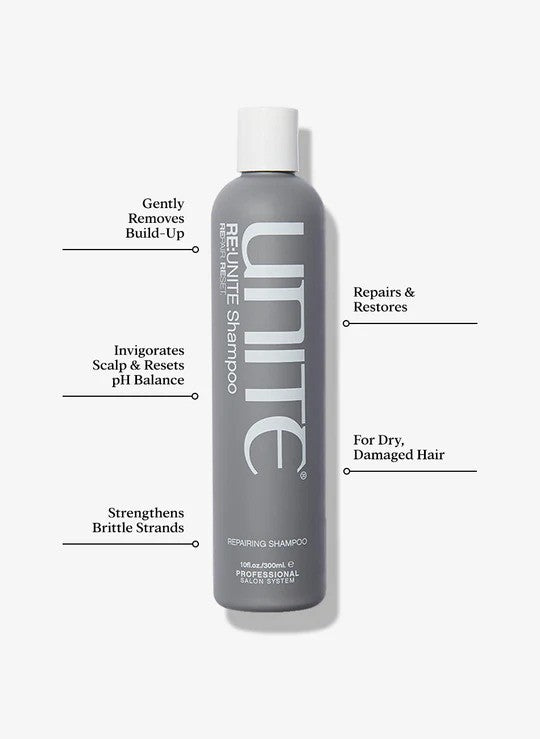 Unite Hair Re Unite Repairing Shampoo bottle with label, shown in a close-up shot against a plain background.