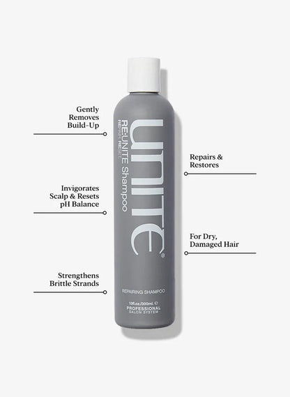 Unite Hair Re Unite Repairing Shampoo bottle with label, shown in a close-up shot against a plain background.