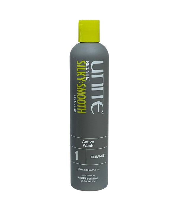 Unite Hair Re Unite Silky Smooth Active Wash 1 Cleanse Shampoo bottle with label and silver cap, displayed on a white background.