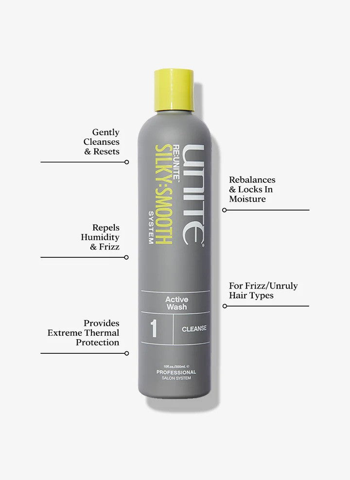 Unite Hair Re Unite Silky Smooth Active Wash shampoo bottle with label, designed for nourishing hair cleansing.