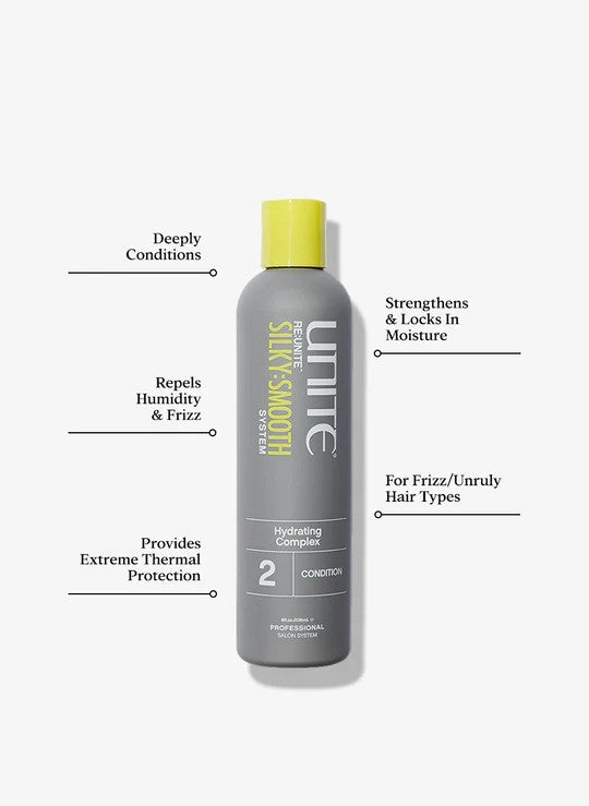 Unite Hair Re Unite Silky Smooth Hydrating Conditioner bottle with sleek packaging, designed for nourishing and smoothing hair.