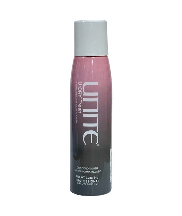 Unite Hair U Dry Fresh Dry Conditioner bottle with pump dispenser, showcasing the product label and packaging design.