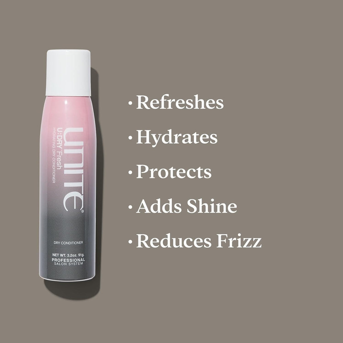 Unite Hair U Dry Fresh dry conditioner bottle with white and blue labeling, featuring a pump dispenser on a plain background.