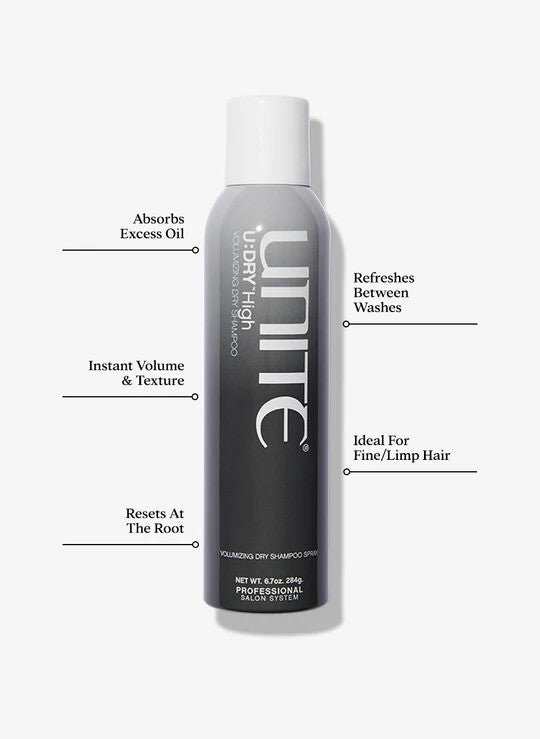 Unite Hair U Dry high volumizing dry shampoo bottle with spray nozzle, designed to add volume and freshness to hair.