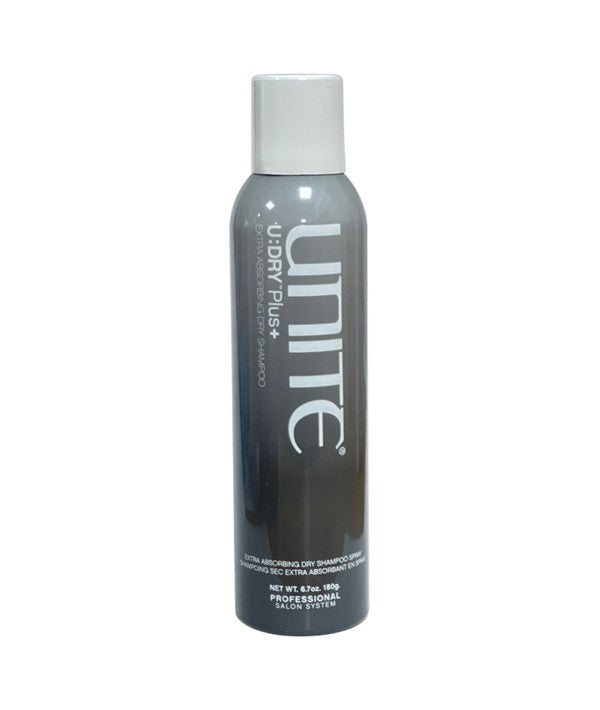 Unite Hair U Dry Plus extra absorbing dry shampoo bottle with white and blue label and spray nozzle.