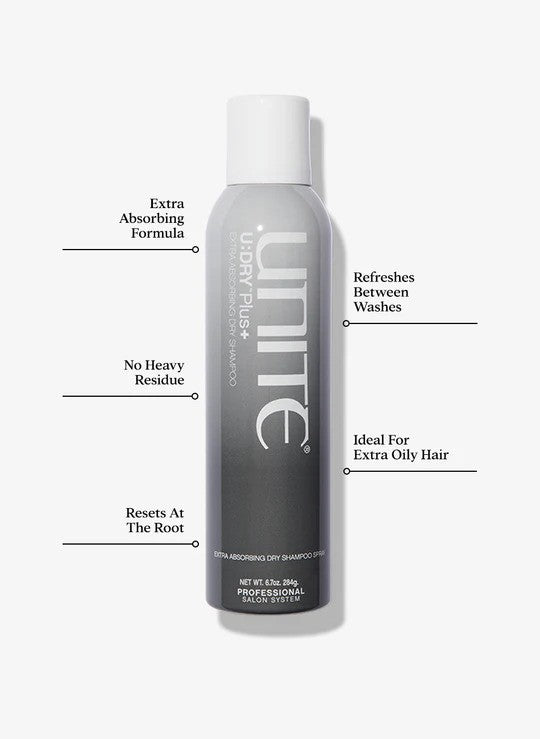 Unite Hair U Dry Plus extra absorbing dry shampoo bottle with white and blue design, standing upright on a plain background.