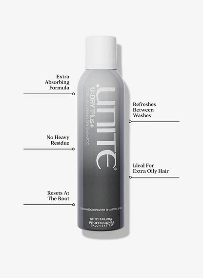 Unite Hair U Dry Plus extra absorbing dry shampoo bottle with white and blue design, standing upright on a plain background.