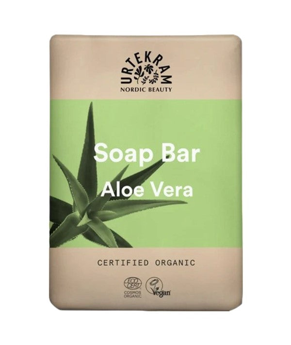 Urtekram Aloe Vera Soap Bar for hand care, with natural aloe vera extract, shown in its packaging.