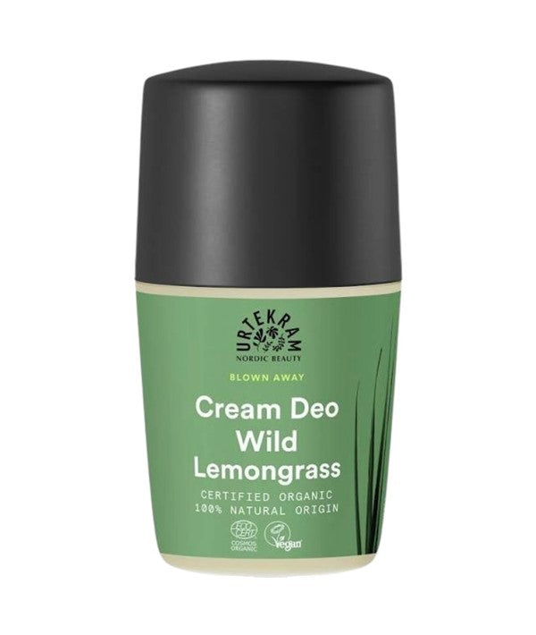 Urtekram Blown Away Wild Lemongrass Cream Deodorant Roll-On, natural body care product with fresh lemongrass scent