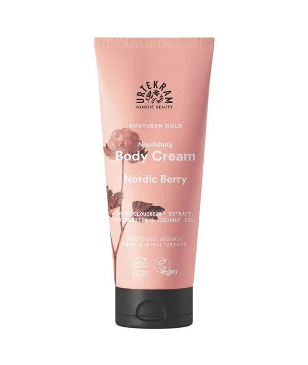 Urtekram Northern Gold Nordic Berry nourishing body cream in a jar, featuring natural ingredients and a creamy texture.