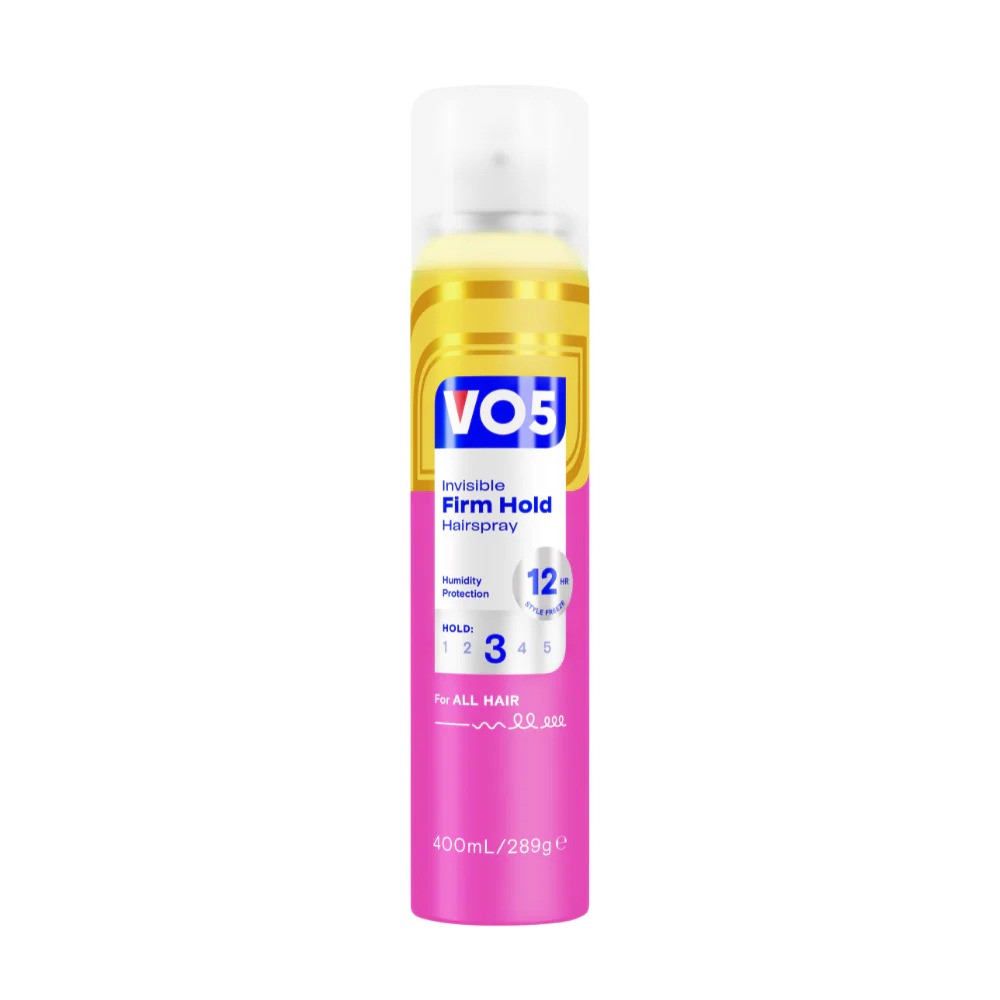 VO5 Invisible Firm Hold 3 hairspray bottle for strong, long-lasting hair styling with a clear, invisible finish.