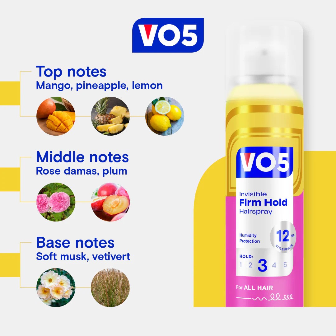 VO5 Invisible Firm Hold 3 hairspray bottle for strong, long-lasting hair styling with a natural finish.