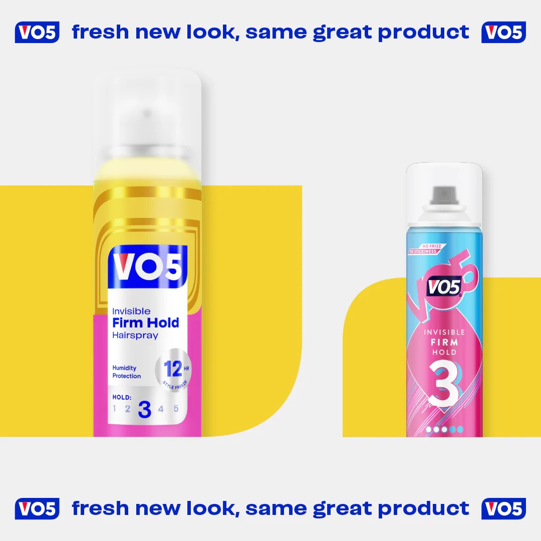VO5 Invisible Firm Hold 3 hairspray bottle, hair styling product with a clear spray nozzle and label, for strong, invisible hold