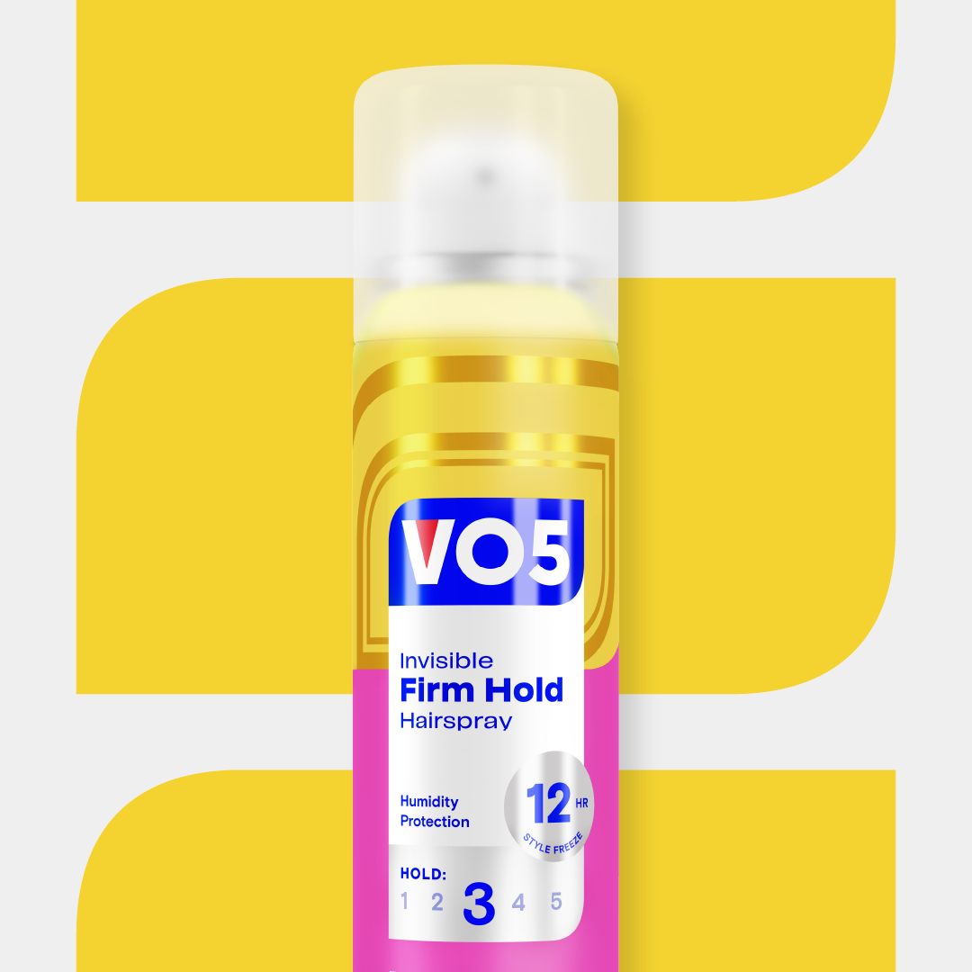 VO5 Invisible Firm Hold 3 hairspray in a 400ml white can, used for strong, lasting hair styling and hold.