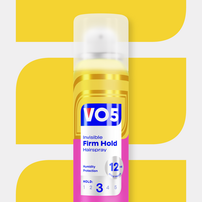 VO5 Invisible Firm Hold 3 hairspray in a 400ml white can, used for strong, lasting hair styling and hold.