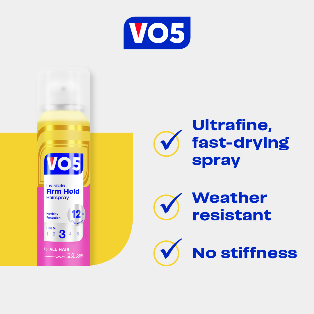 VO5 Invisible Firm Hold 3 hairspray in a 400ml spray bottle, designed for strong, long-lasting hair styling.