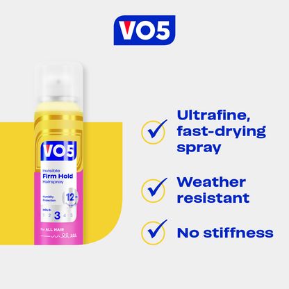 VO5 Invisible Firm Hold 3 hairspray in a 400ml spray bottle, designed for strong, long-lasting hair styling.