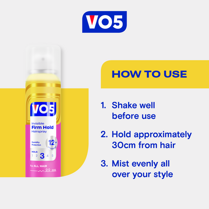 VO5 Invisible Firm Hold 3 Hairspray bottle, showing applied spray for long-lasting hair styling and hold.