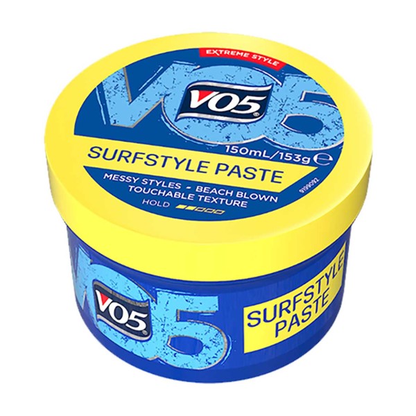 VO5 Extreme Style Surfstyle hair styling paste in a jar, showing the product label and texture for beachy, matte finish hair.
