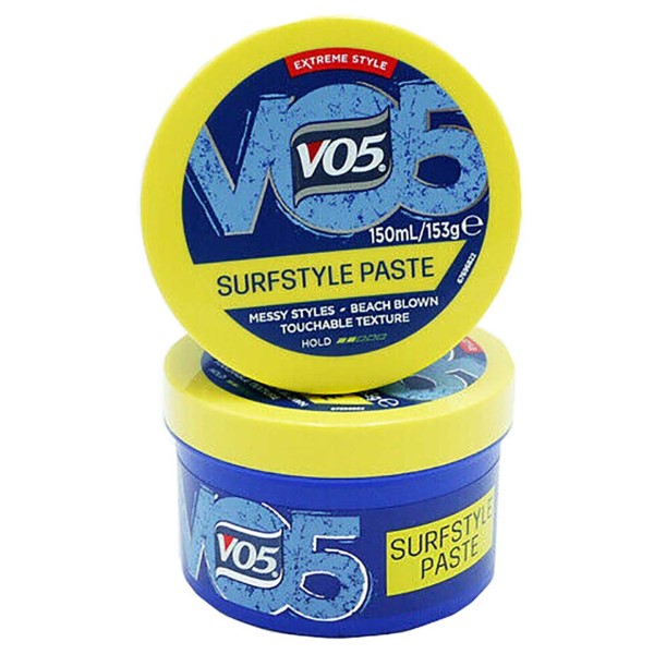 VO5 Extreme Style Surfstyle hair styling paste shown in a jar with a black lid and the product label visible.