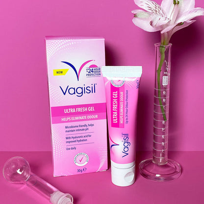 Vagisil 24 Hour Odour Protection Ultra Fresh Gel in a tube, part of Targeted Skin Solutions, designed for feminine hygiene and freshness.