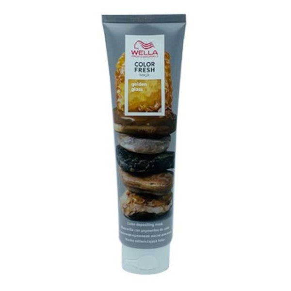 Wella Color Fresh Depositing Mask in Golden Gloss, a hair color treatment with vibrant golden hue, in a jar with product label.