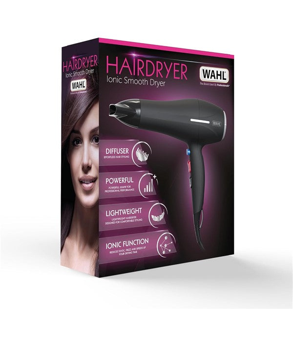 Wahl Ionic Smooth Hair Dryer, a professional hair styling tool with a sleek design and ionic technology for smooth, shiny hair.