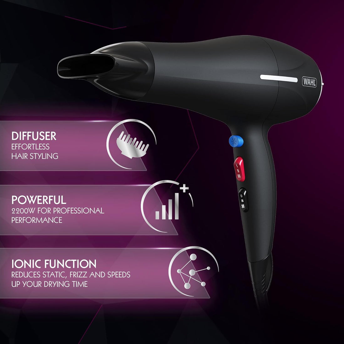 Wahl Ionic Smooth Hair Dryer, a professional hair styling tool with a sleek design and ionic technology for smooth, shiny hair.