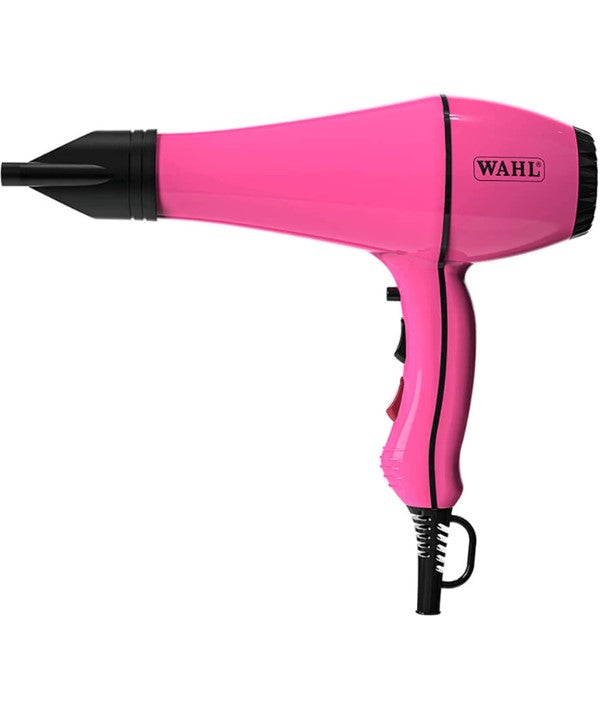 Pink Wahl Powerdry hairdryer, a professional hair styling tool with a sleek design and powerful airflow.