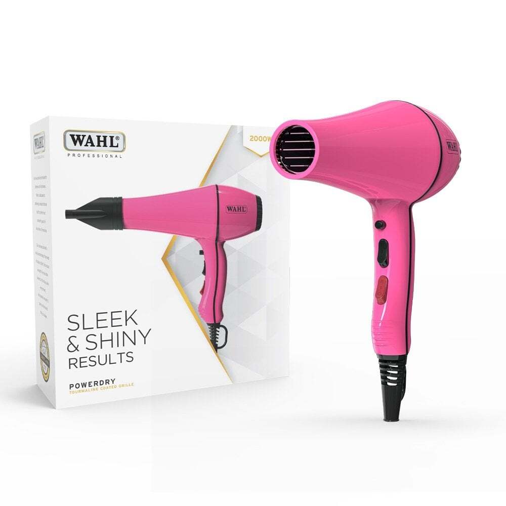 Pink Wahl Powerdry Hairdryer, a hair styling tool with a sleek design and concentrator nozzle for smooth drying.