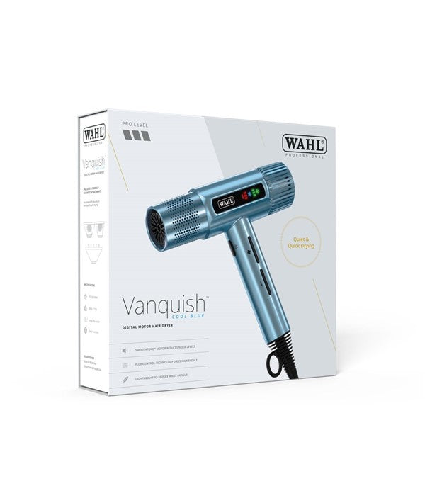 Wahl Vanquish digital motor hair dryer with cool blue accents, featuring a sleek handle and multiple styling settings.