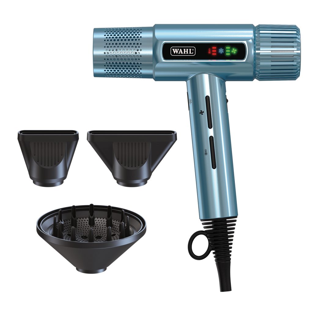 Wahl Vanquish digital motor hair dryer in cool blue with a sleek design, showcasing its professional styling features.