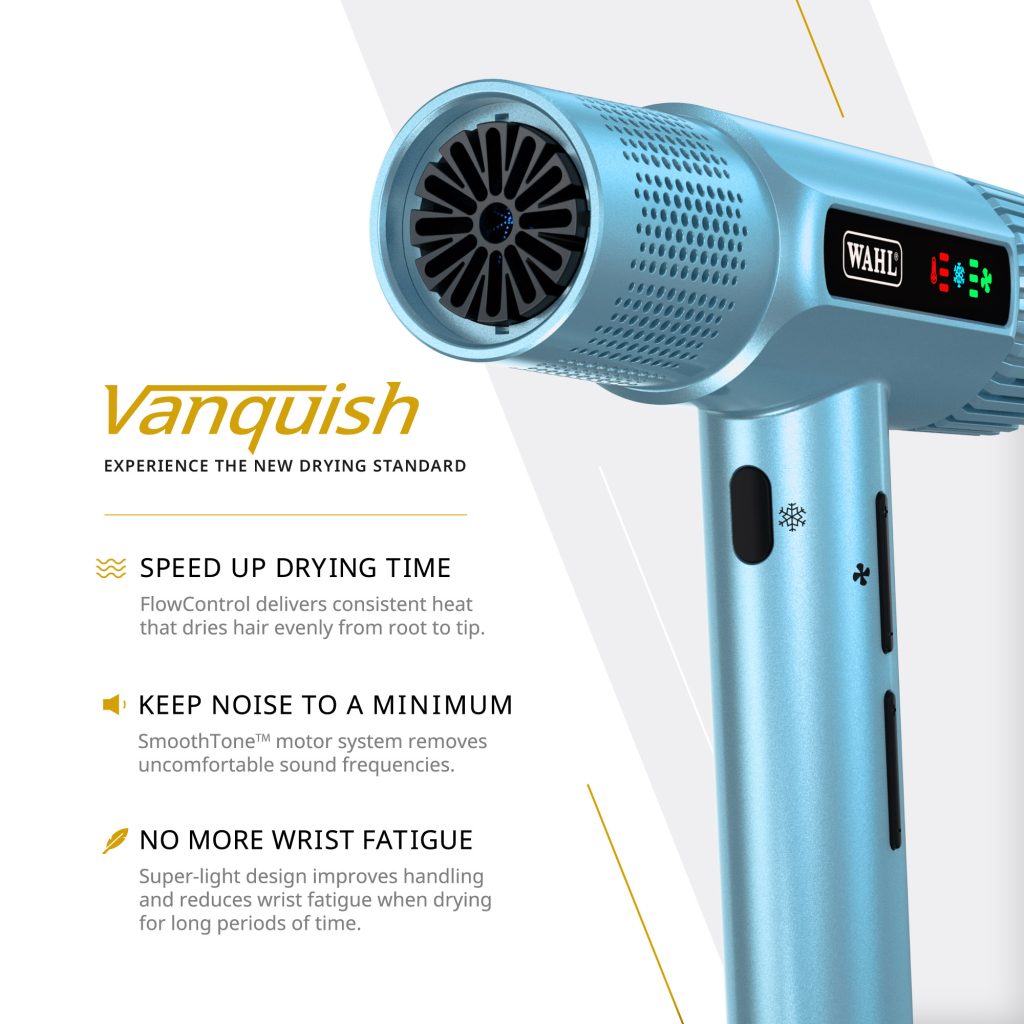 Wahl Vanquish digital motor hair dryer in cool blue with digital controls and concentrator nozzle for fast, professional styling.