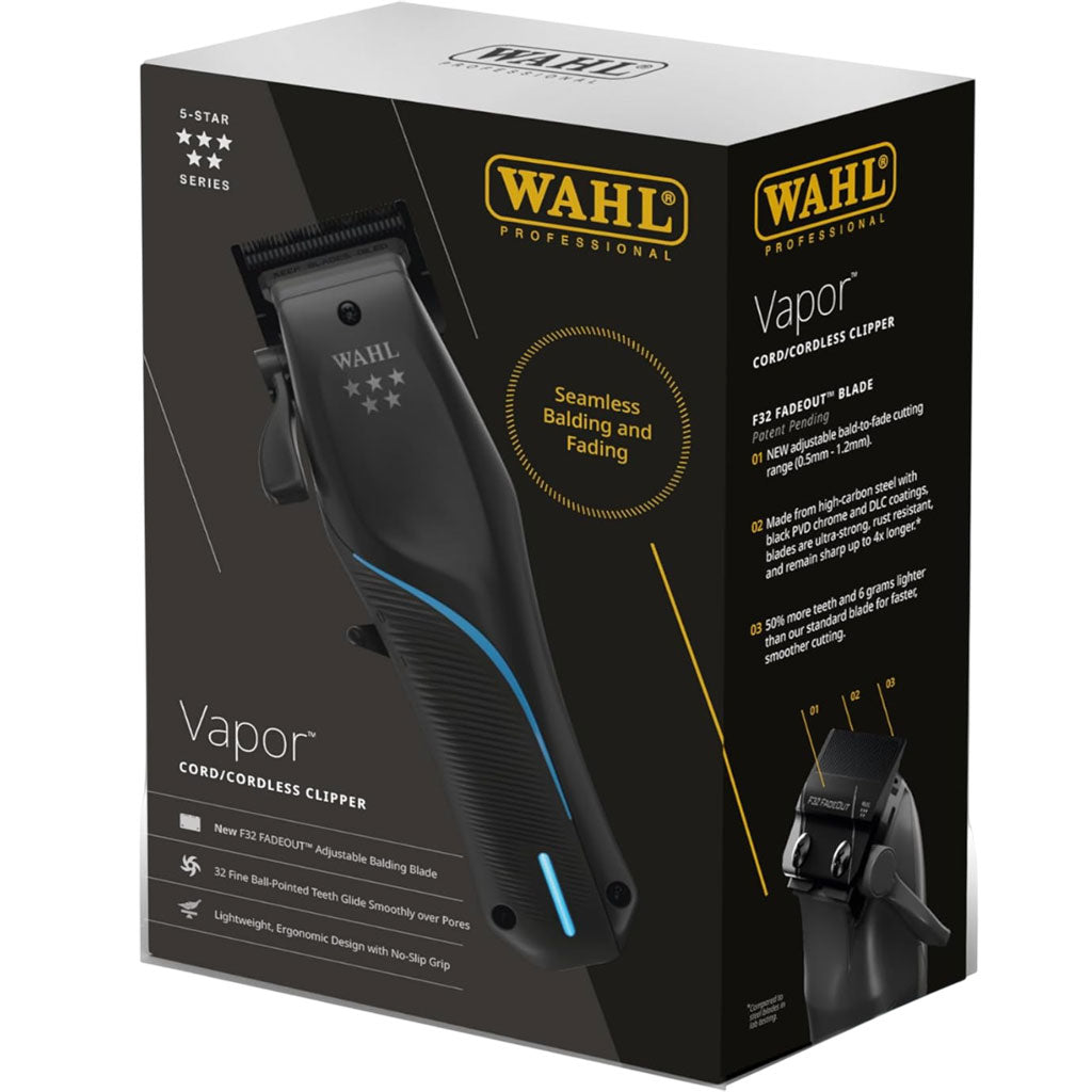 Wahl 5 Star Series Vapor Cord Cordless Clipper for hair styling, showing the sleek black cordless hair clipper with adjustable blade