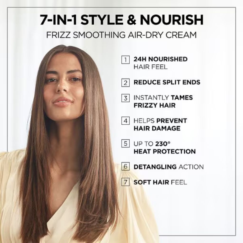 Wella Deluxe Frizz Smoothing 7-in-1 Air Dry Cream for hair styling, showing the cream in a sleek tube with a pump dispenser.