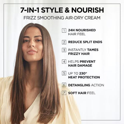 Wella Deluxe Frizz Smoothing 7-in-1 Air Dry Cream for hair styling, showing the cream in a sleek tube with a pump dispenser.