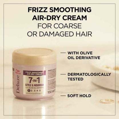 Wella Deluxe Frizz Smoothing 7-in-1 Air Dry Cream in a jar, designed for hair styling to reduce frizz and add smoothness