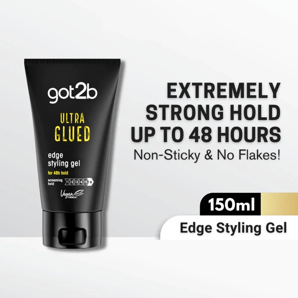 Schwarzkopf Got2b Ultra Glued Edge Styling Gel for sleek, styled hair edges, shown on a hair styling mannequin head.