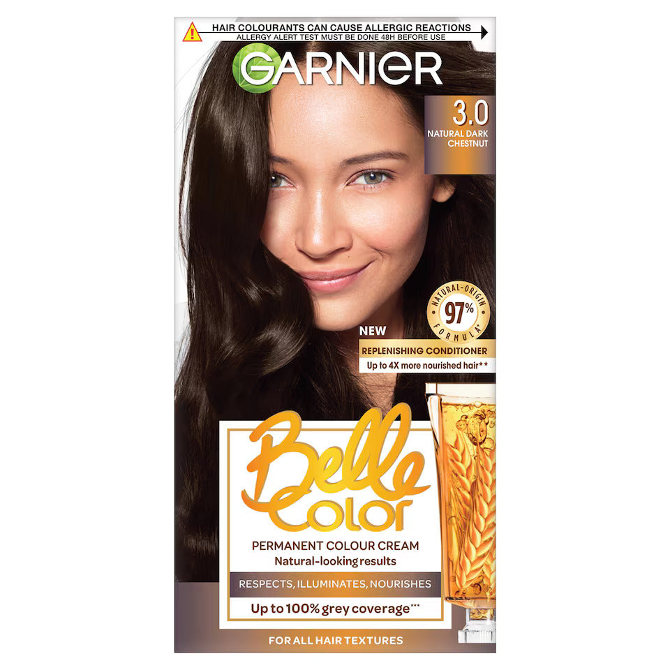 Garnier Belle Color Creme Permanent Hair Color in 3.0 Natural Dark Chestnut, showing a rich dark chestnut hair shade.