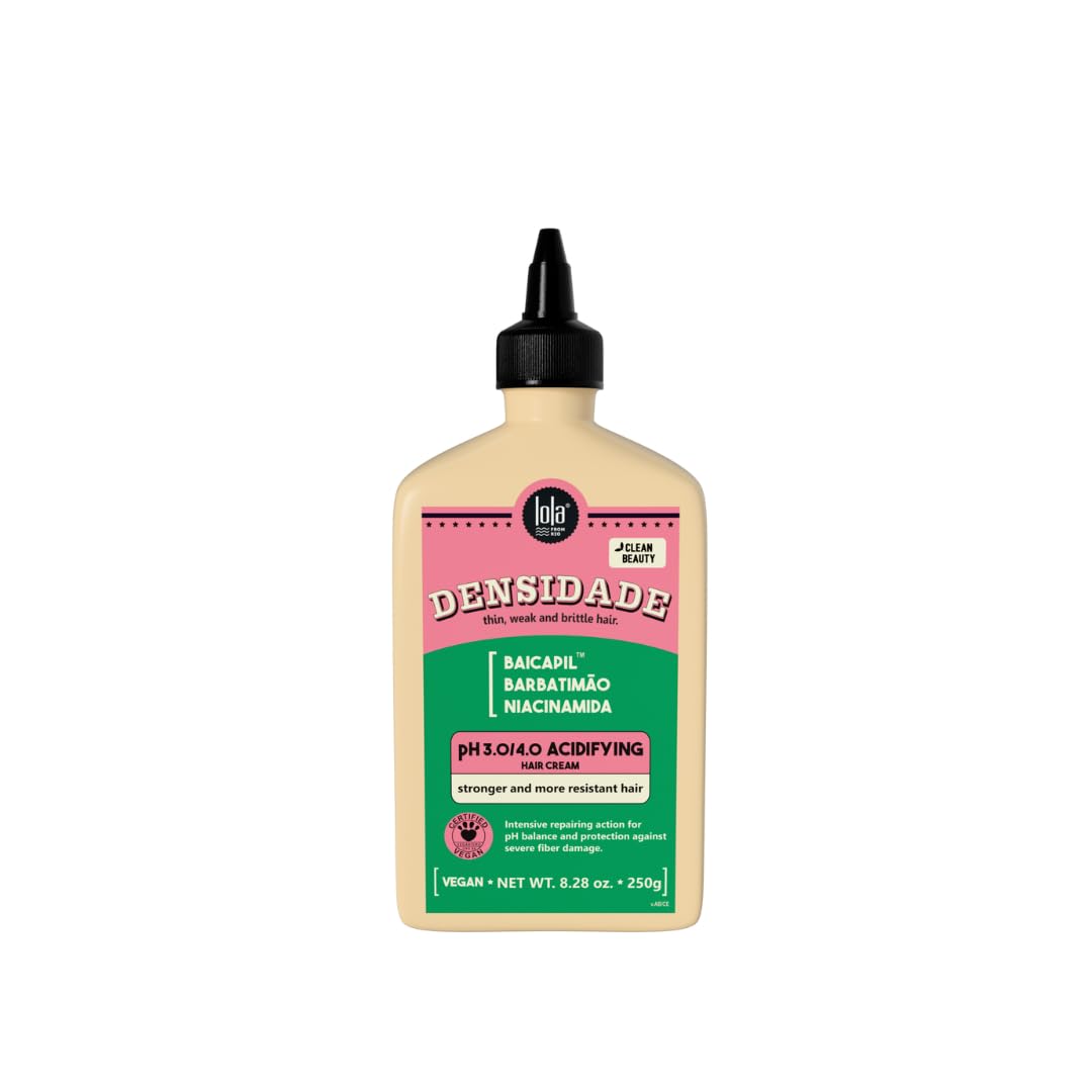 Lola Cosmetics Densidade Acidifying Hair Cream, a hair treatment in a jar with creamy texture and pink packaging.