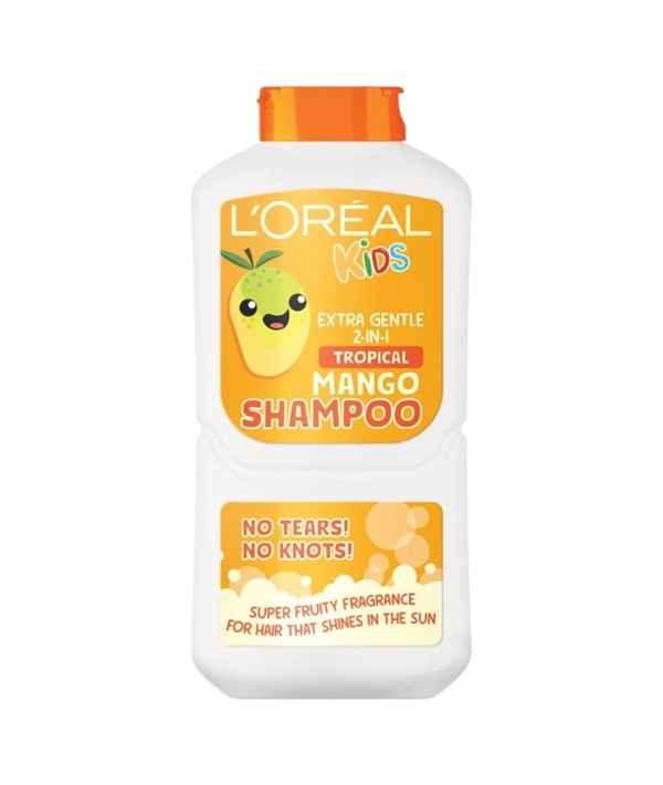 Loreal Kids Extra Gentle 2-in-1 Tropical Mango Shampoo for children, showing the 310ml bottle with vibrant mango-themed label.