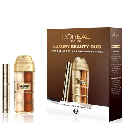 Loreal Luxury Beauty Duo Skincare Gift Set with moisturizer and serum in elegant packaging.