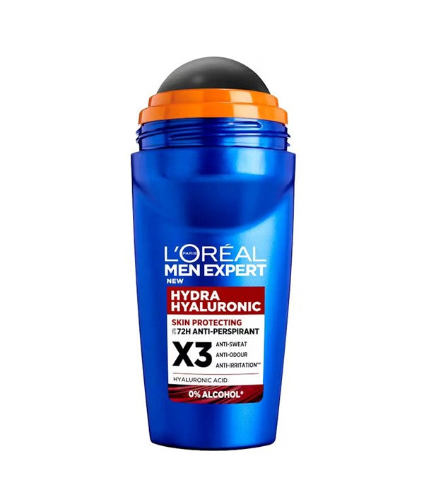 Loreal Men Expert Hydra Hyaluronic X3 deodorant roll-on, 50ml, designed for men’s body care with hydrating hyaluronic formula.