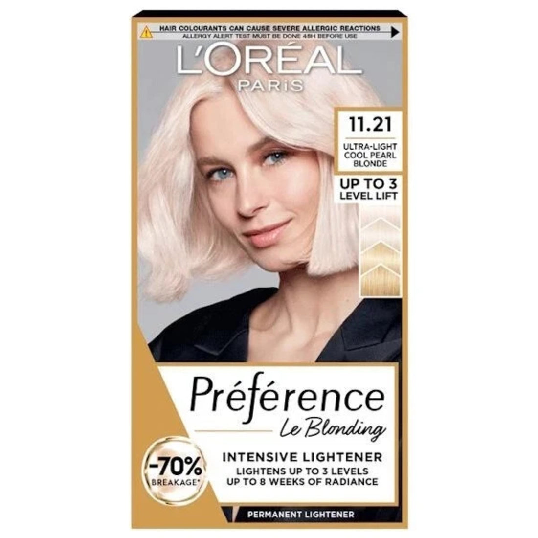 Loreal Preference Infinia permanent hair color in 11.21 Ultra Light Pearl Blonde showing a cool, luminous blonde shade.