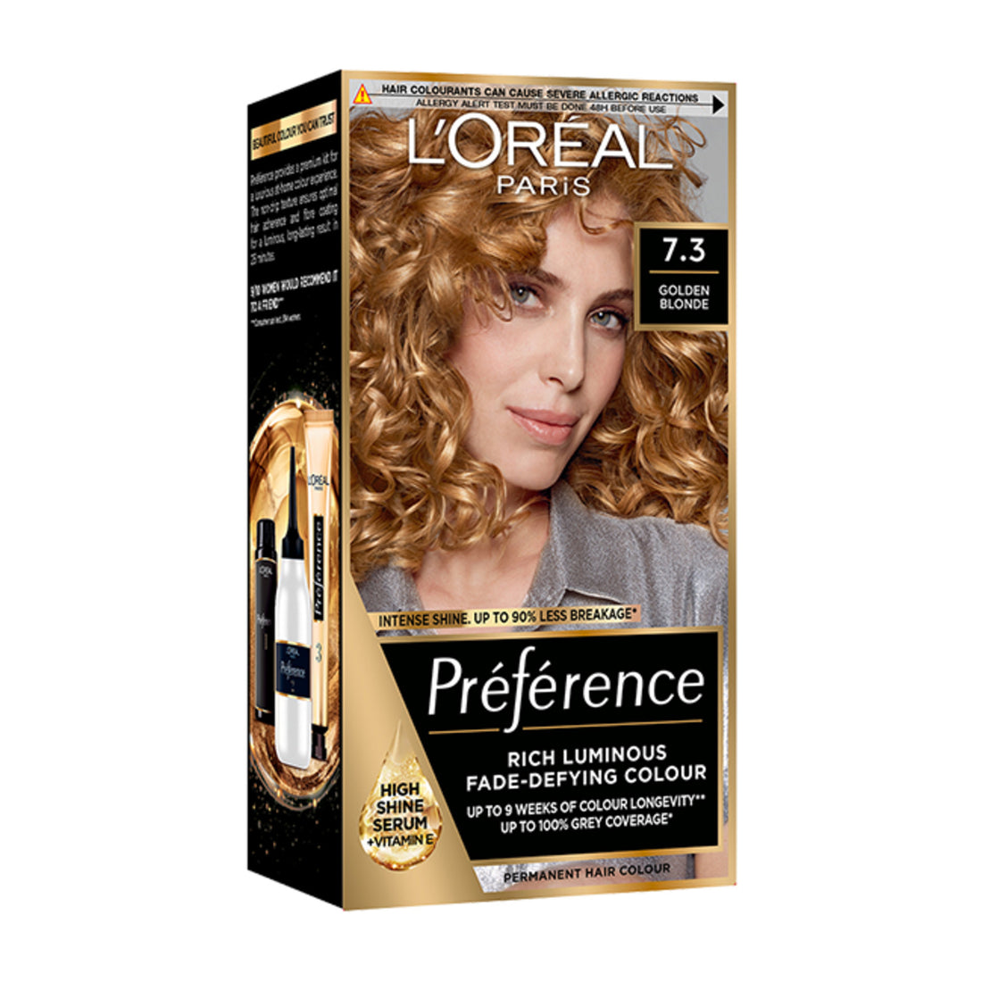 Loreal Preference Permanent Hair Color 7.3 Golden Blonde, showing the vibrant blonde shade in the tube.
