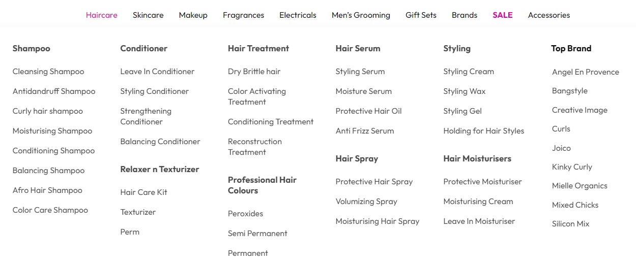 My Hair and Beauty super navigation drop down